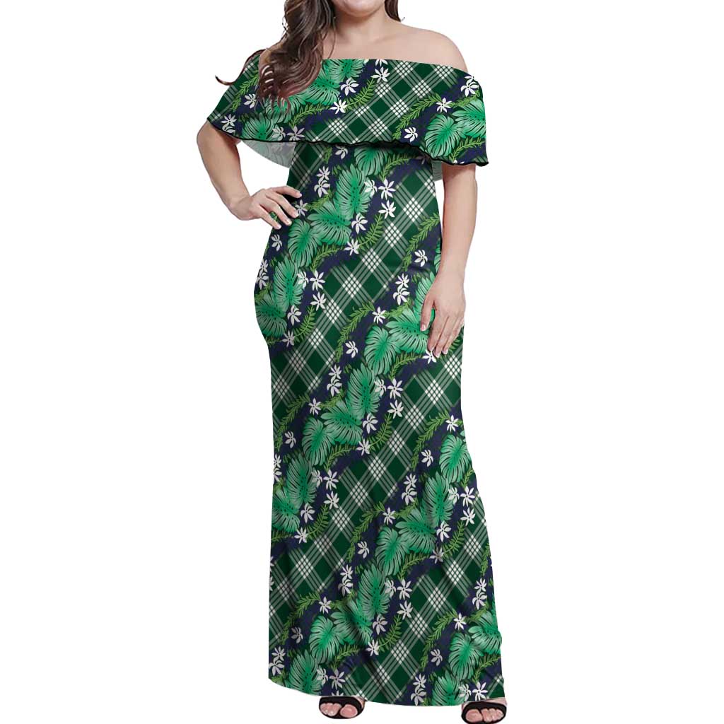 Polynesian Monstera Tiare Floral Off Shoulder Maxi Dress Forest Green Tropical Plaid LT01 Women Green - Polynesian Pride