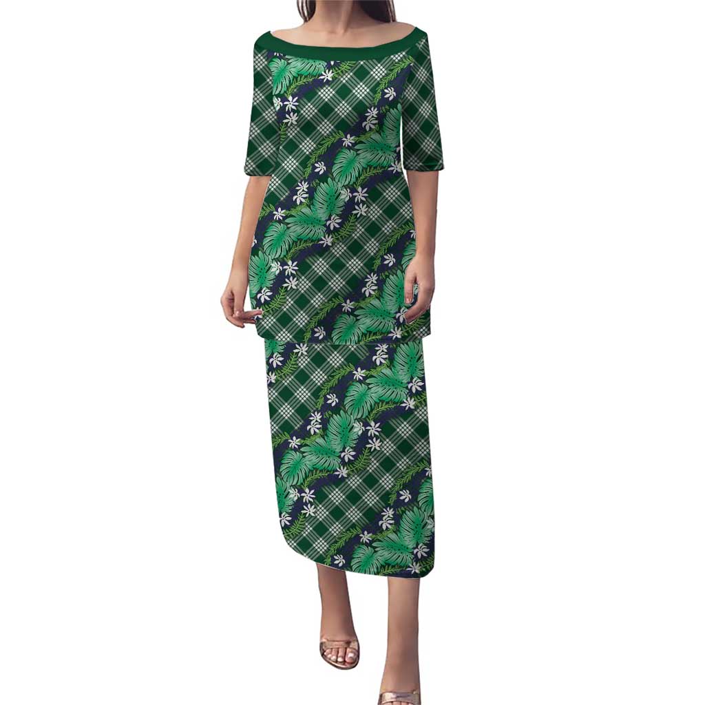 Polynesian Monstera Tiare Floral Puletasi Forest Green Tropical Plaid - Polynesian Pride
