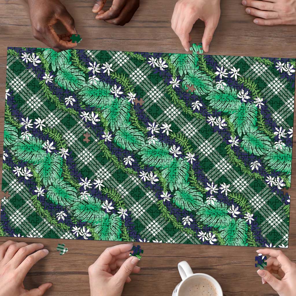 Polynesian Monstera Tiare Floral Puzzle Forest Green Tropical Plaid - Polynesian Pride