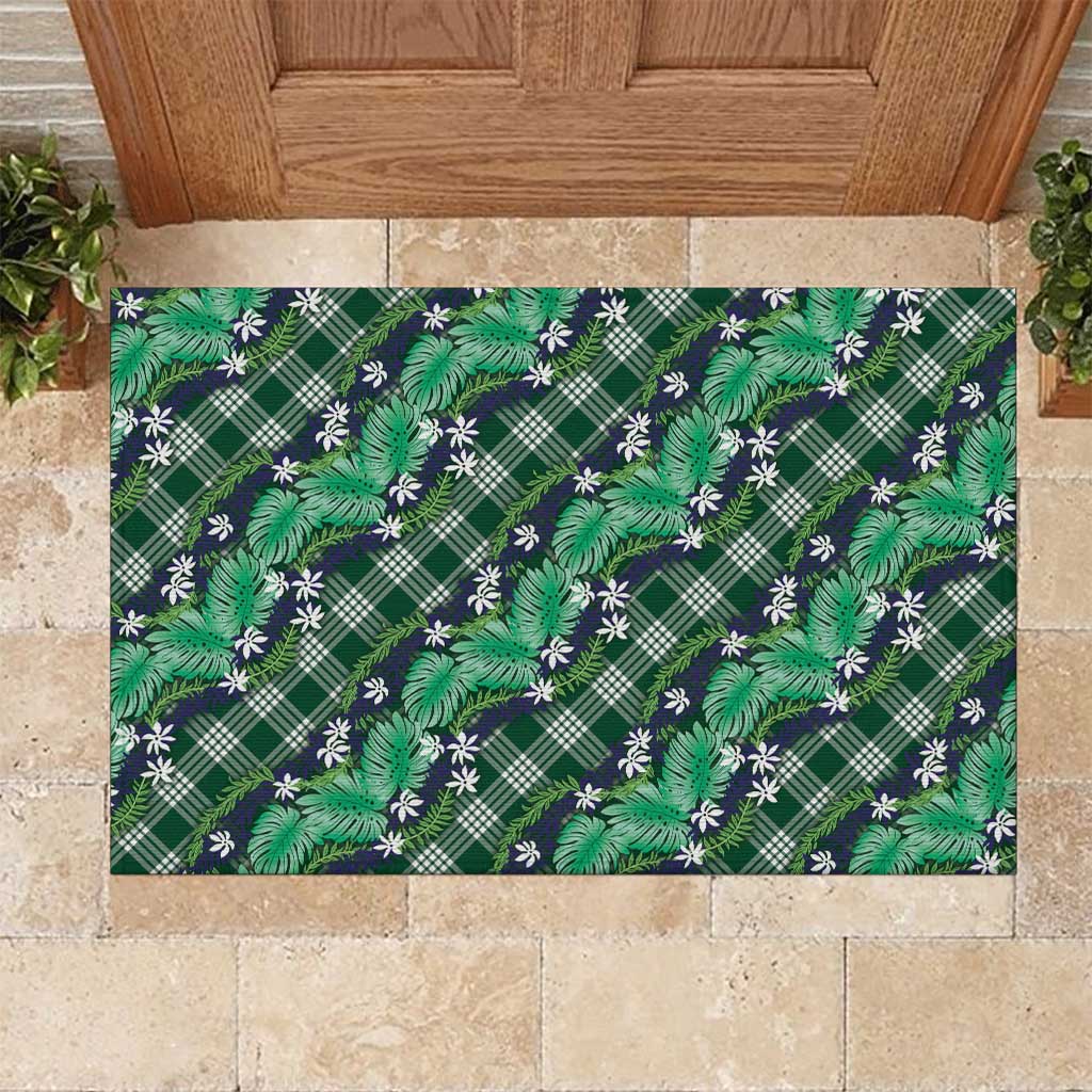 Polynesian Monstera Tiare Floral Rubber Doormat Forest Green Tropical Plaid LT01 Green - Polynesian Pride