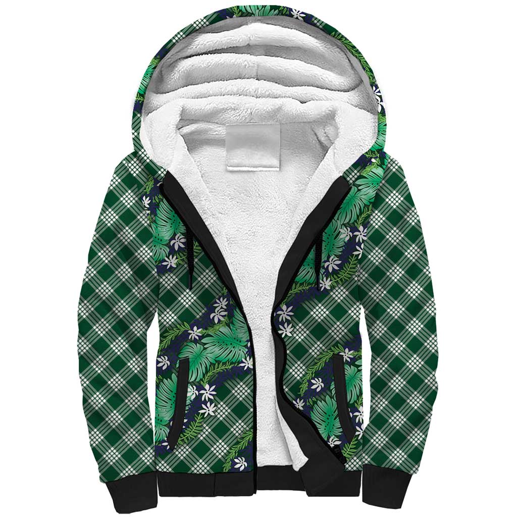 Polynesian Monstera Tiare Floral Sherpa Hoodie Forest Green Tropical Plaid LT01 Unisex Green - Polynesian Pride