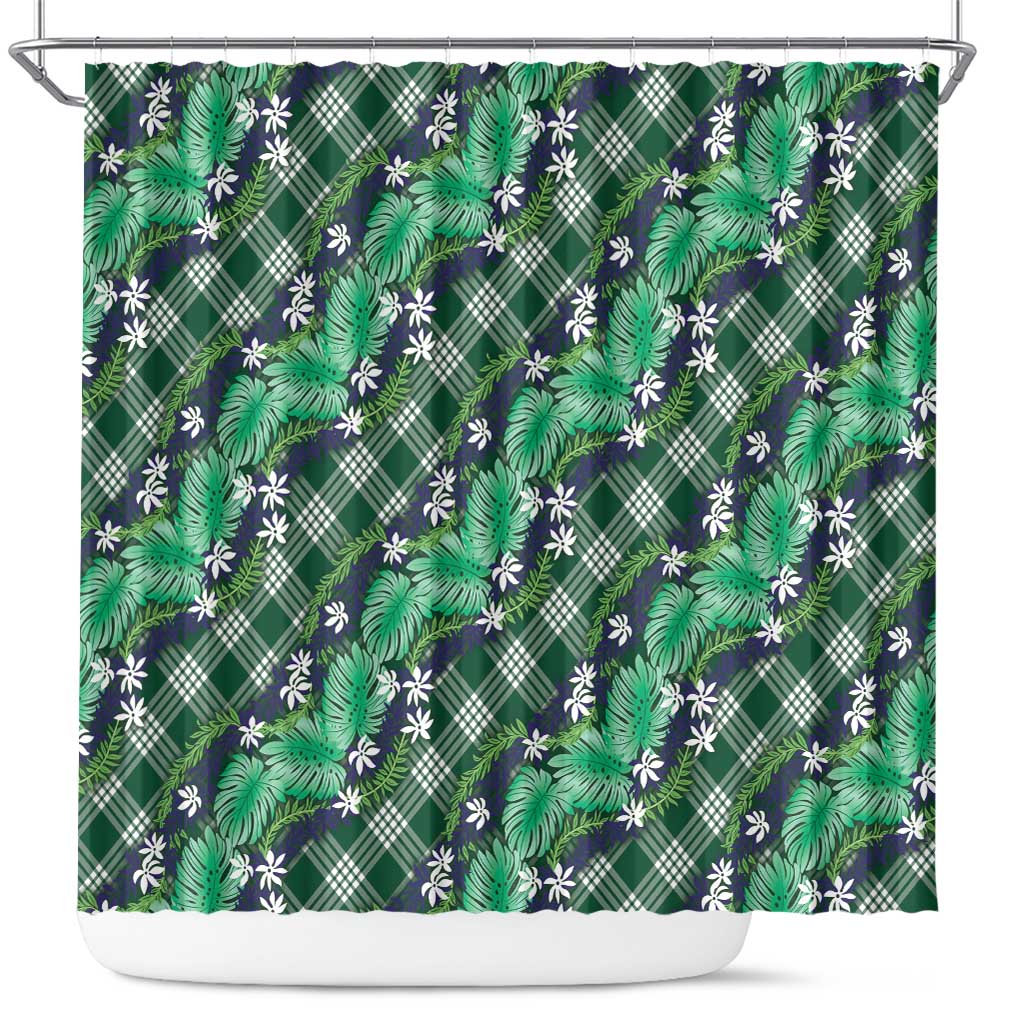 Polynesian Monstera Tiare Floral Shower Curtain Forest Green Tropical Plaid LT01 Green - Polynesian Pride