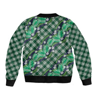 Polynesian Monstera Tiare Floral Sleeve Zip Bomber Jacket Forest Green Tropical Plaid - Polynesian Pride