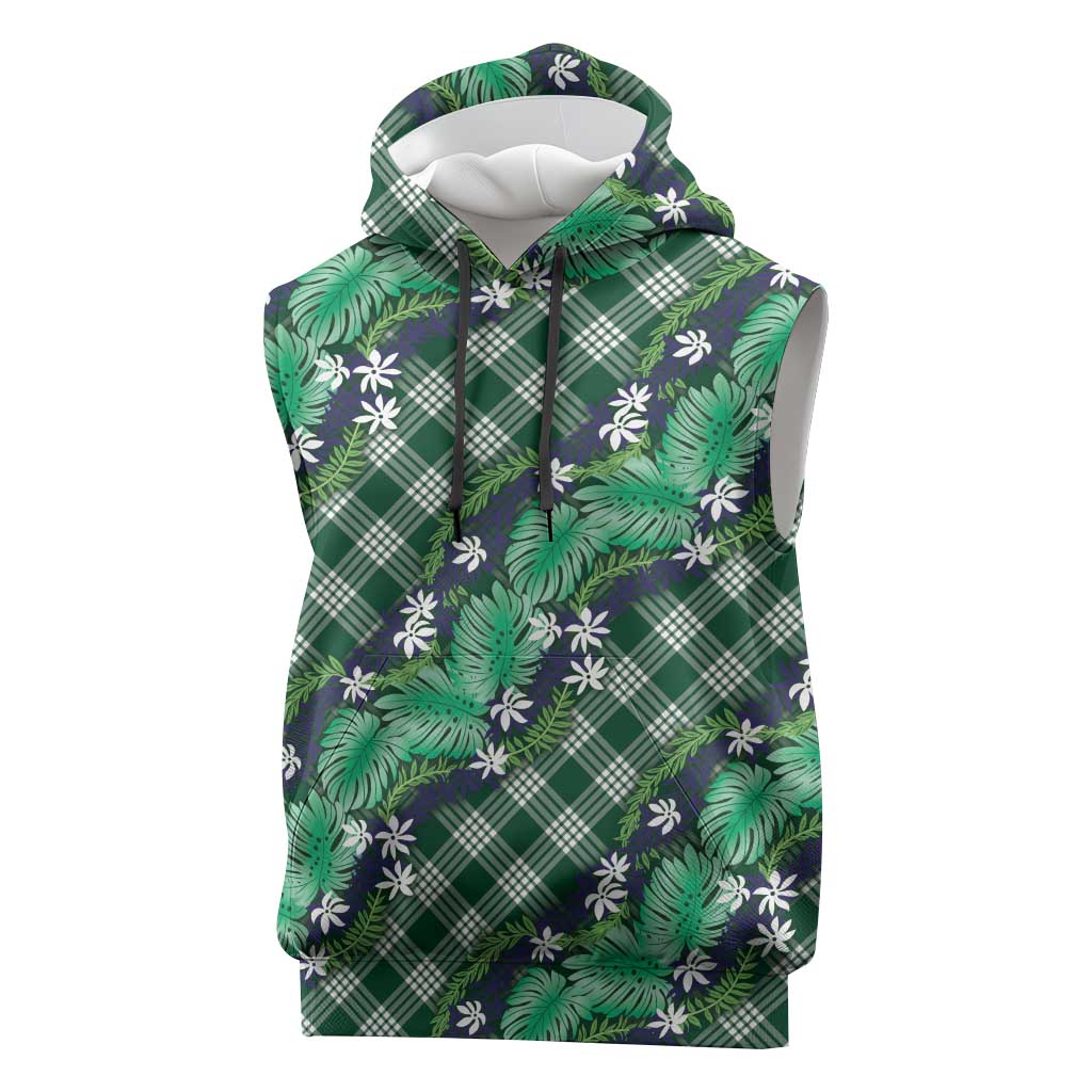 Polynesian Monstera Tiare Floral Sleeveless Hoodie Forest Green Tropical Plaid LT01 Green - Polynesian Pride