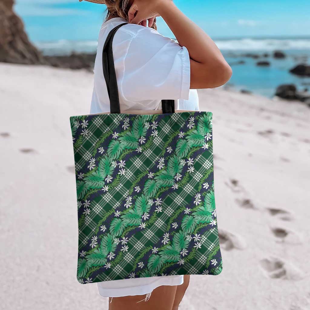 Polynesian Monstera Tiare Floral Tote Bag Forest Green Tropical Plaid LT01 - Polynesian Pride