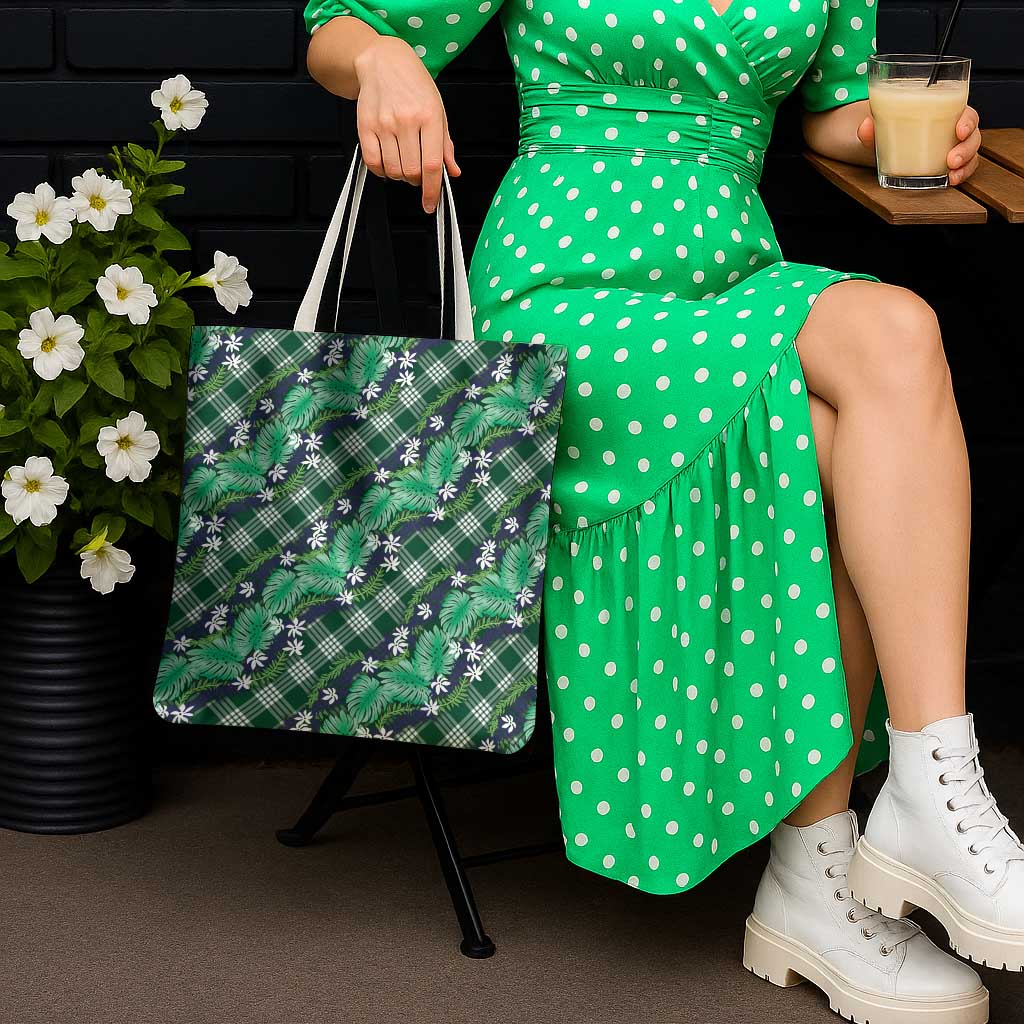 Polynesian Monstera Tiare Floral Tote Bag Forest Green Tropical Plaid LT01 - Polynesian Pride