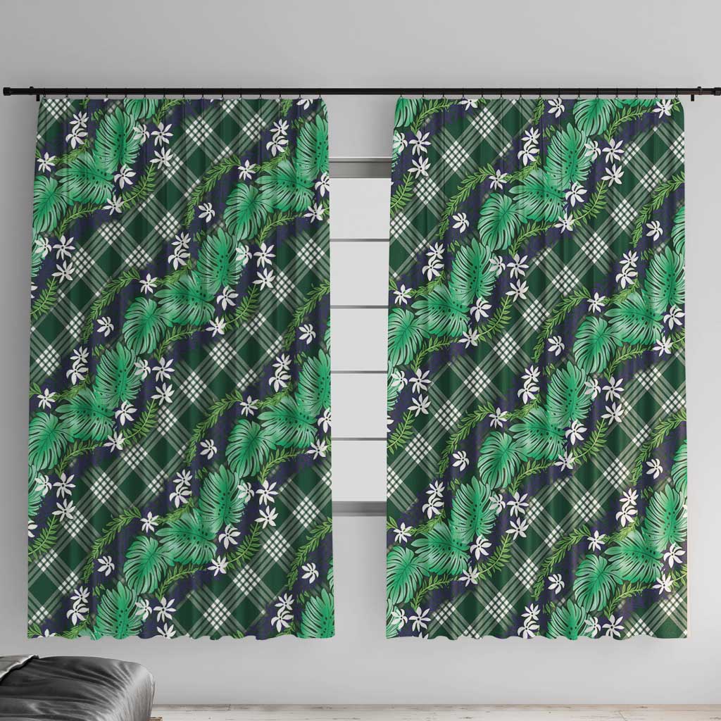 Polynesian Monstera Tiare Floral Window Curtain Forest Green Tropical Plaid LT01 With Hooks Green - Polynesian Pride