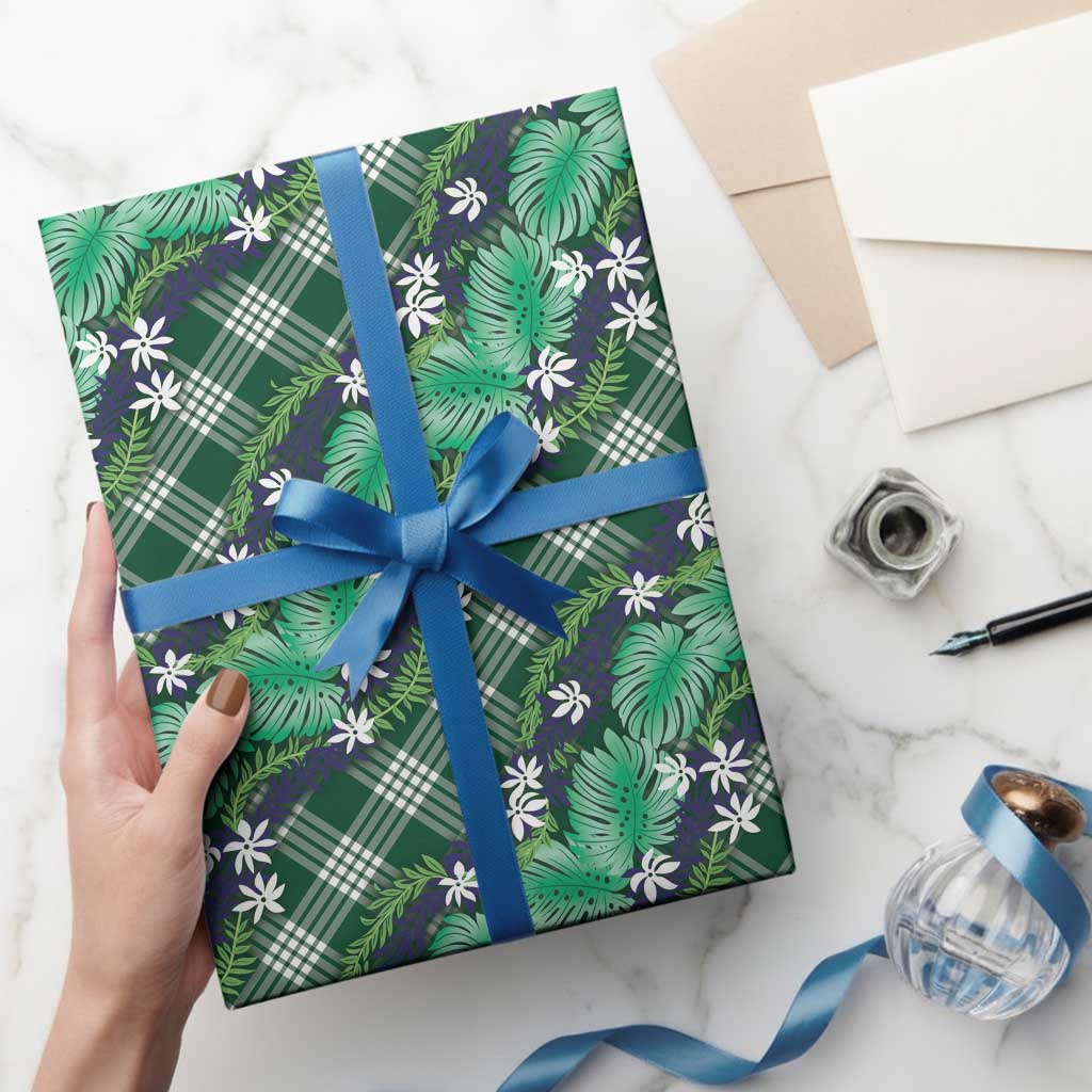 Polynesian Monstera Tiare Floral Wrapping Paper Forest Green Tropical Plaid - Polynesian Pride