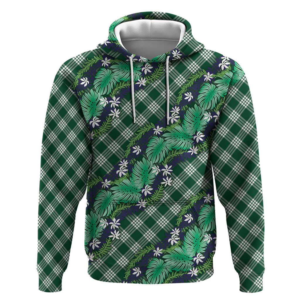Polynesian Monstera Tiare Floral Zip Hoodie Forest Green Tropical Plaid - Polynesian Pride