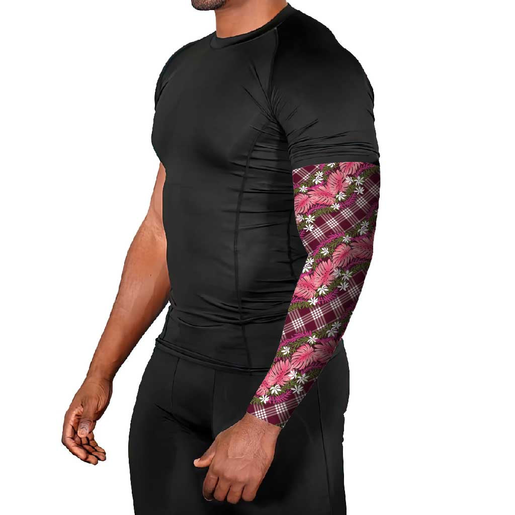 Polynesian Monstera Tiare Floral Arm Sleeves Fuchsia Tropical Plaid - Polynesian Pride