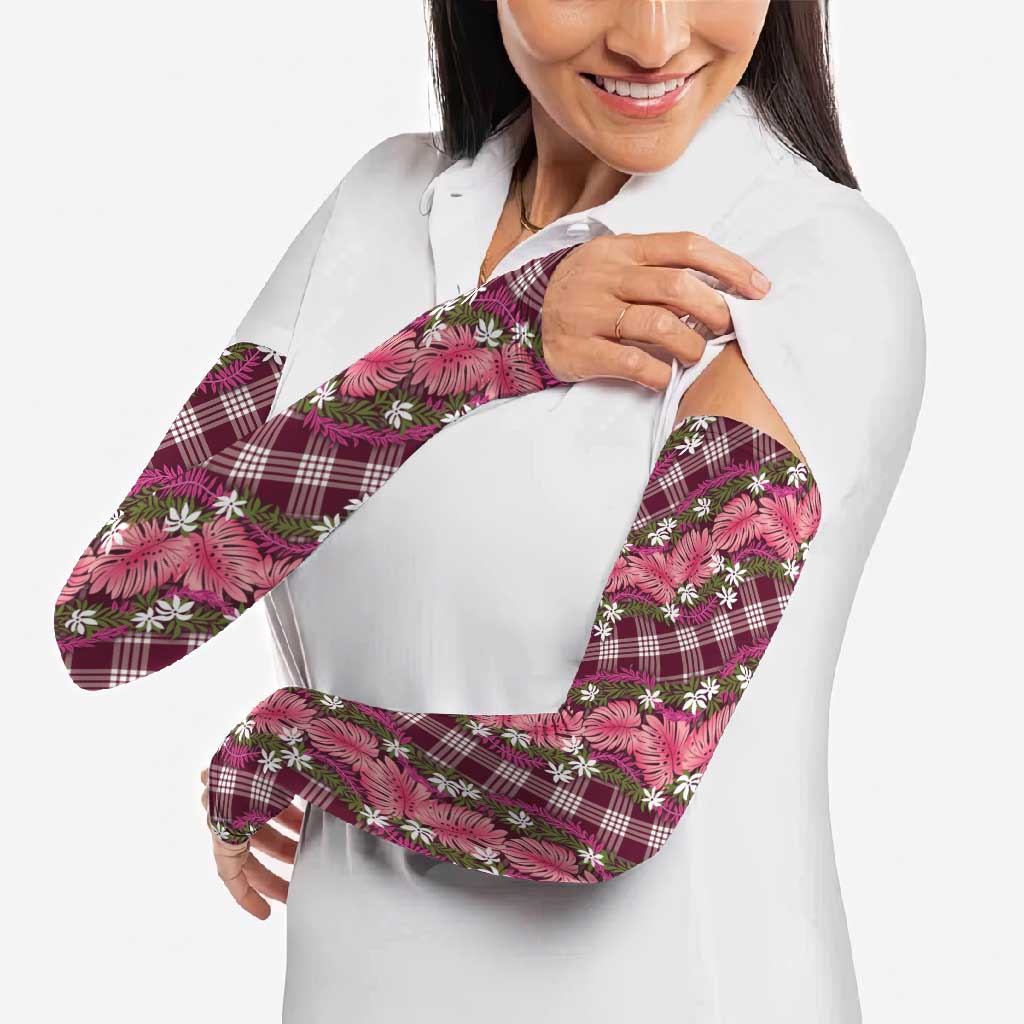 Polynesian Monstera Tiare Floral Arm Sleeves Fuchsia Tropical Plaid - Polynesian Pride