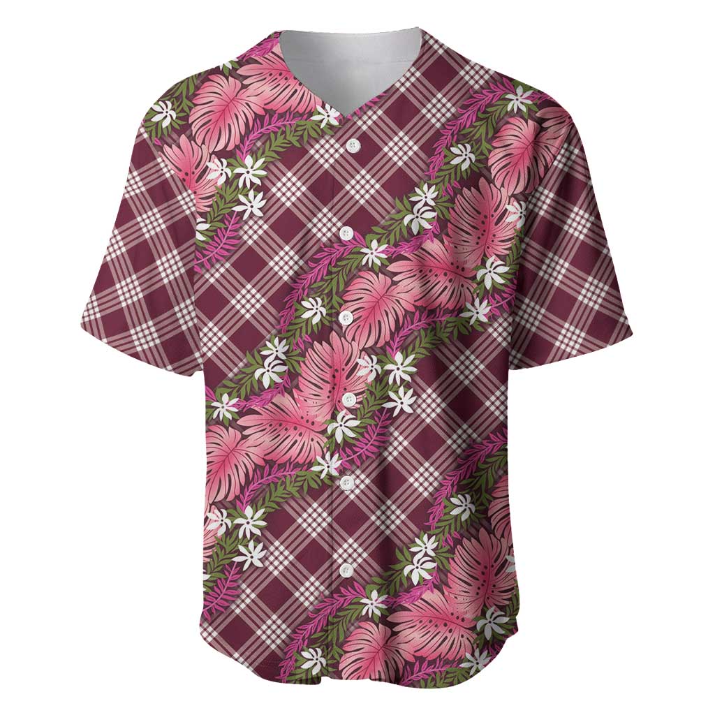 Polynesian Monstera Tiare Floral Baseball Jersey Fuchsia Tropical Plaid - Polynesian Pride