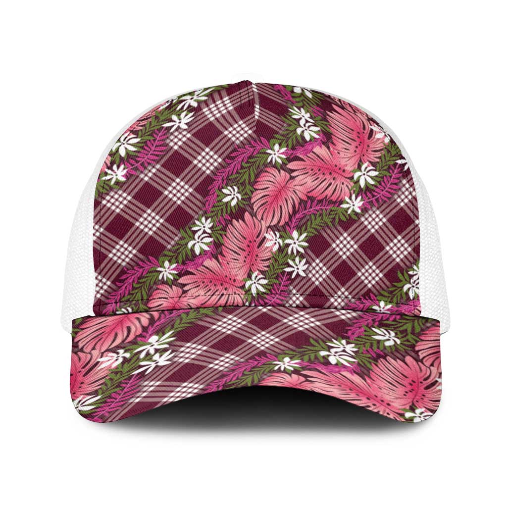 Polynesian Monstera Tiare Floral Baseball Net Cap Fuchsia Tropical Plaid - Polynesian Pride