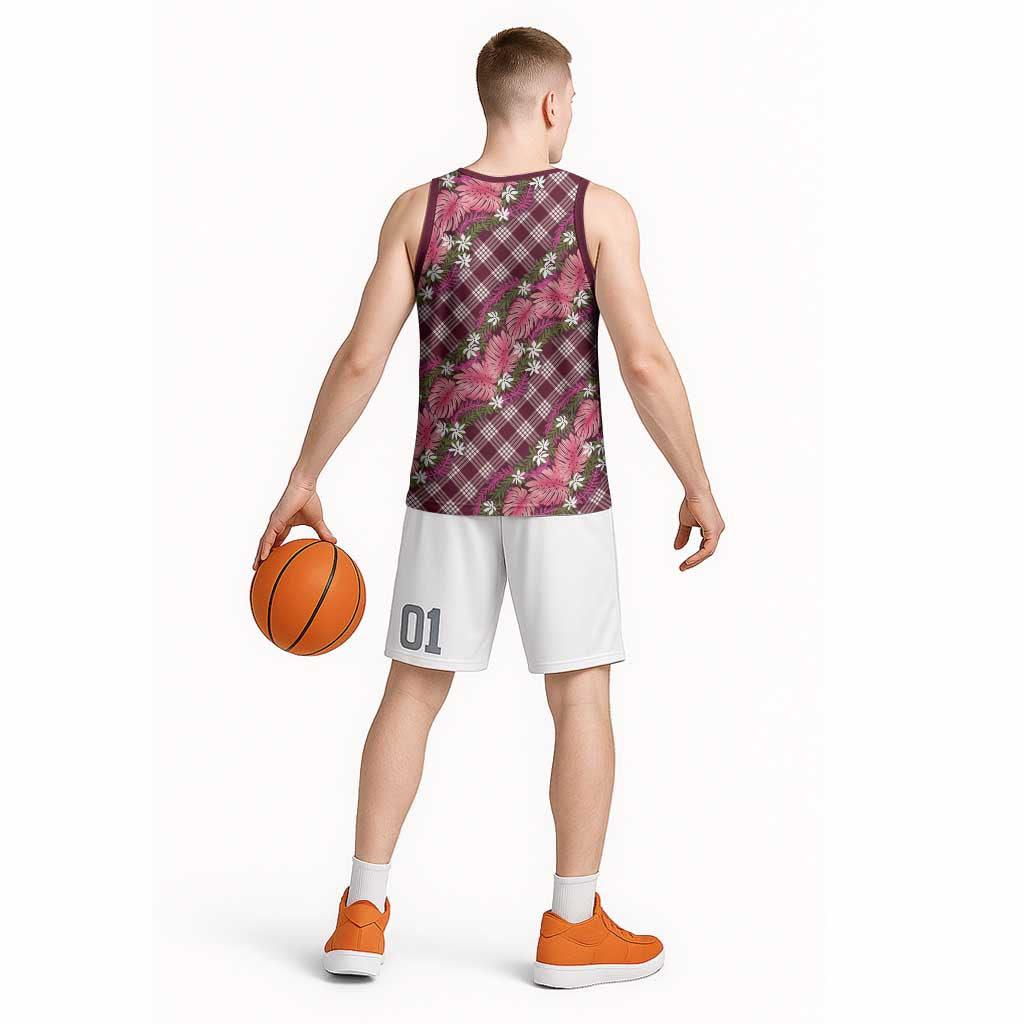 Polynesian Monstera Tiare Floral Basketball Jersey Fuchsia Tropical Plaid - Polynesian Pride