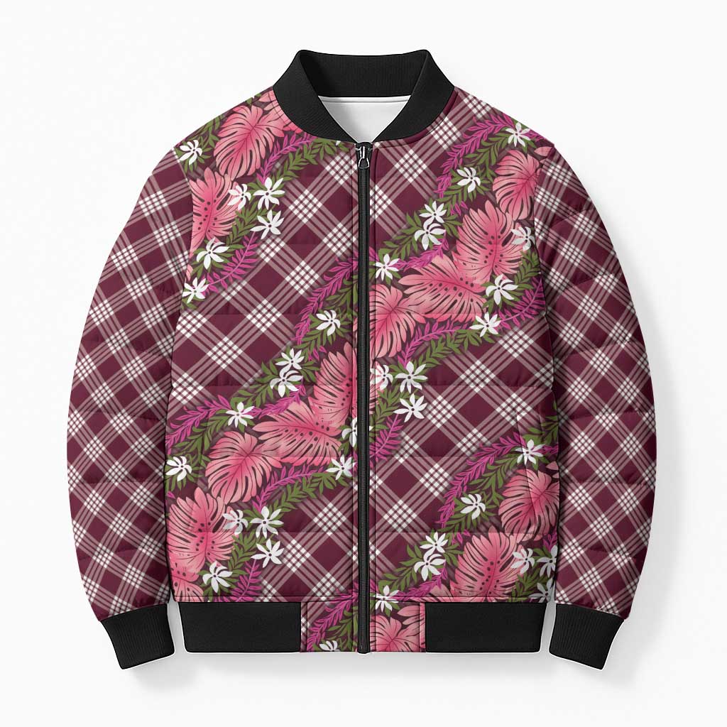 Polynesian Monstera Tiare Floral Bomber Puffer Jacket Fuchsia Tropical Plaid LT01 Unisex Pink - Polynesian Pride