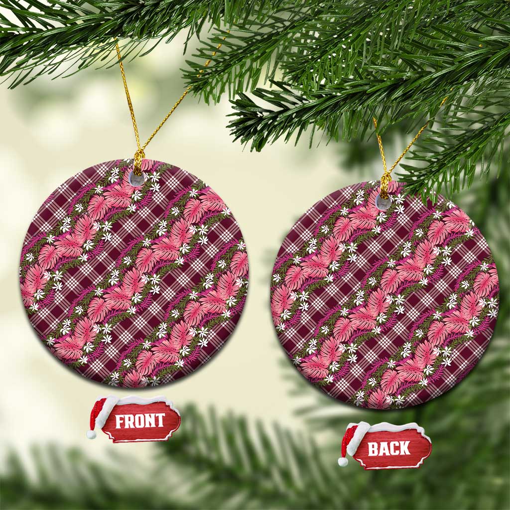 Polynesian Monstera Tiare Floral Ceramic Ornament Fuchsia Tropical Plaid - Polynesian Pride