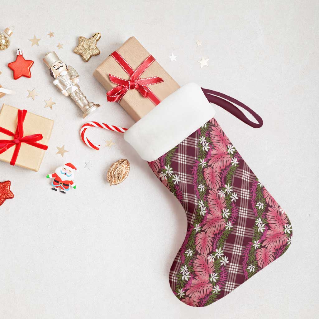 Polynesian Monstera Tiare Floral Christmas Stocking Fuchsia Tropical Plaid - Polynesian Pride