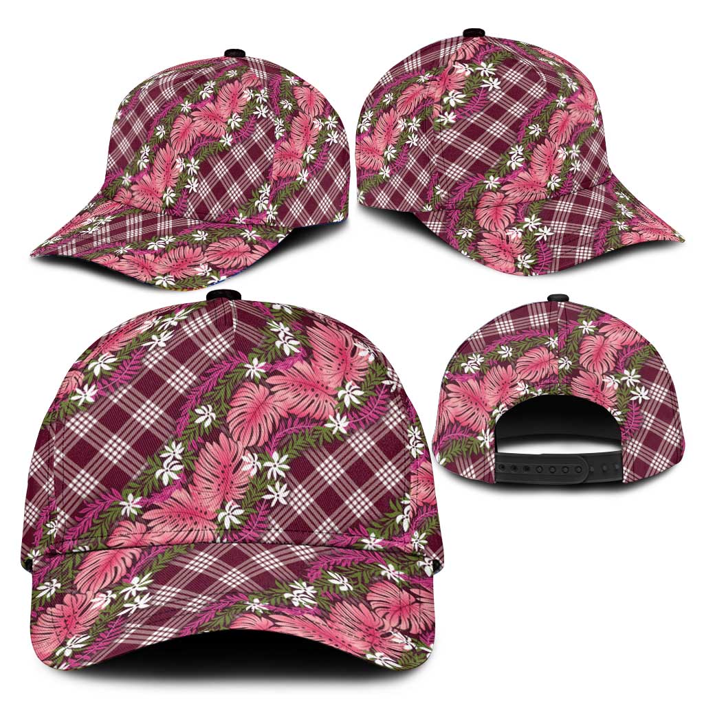 Polynesian Monstera Tiare Floral Classic Cap Fuchsia Tropical Plaid - Polynesian Pride