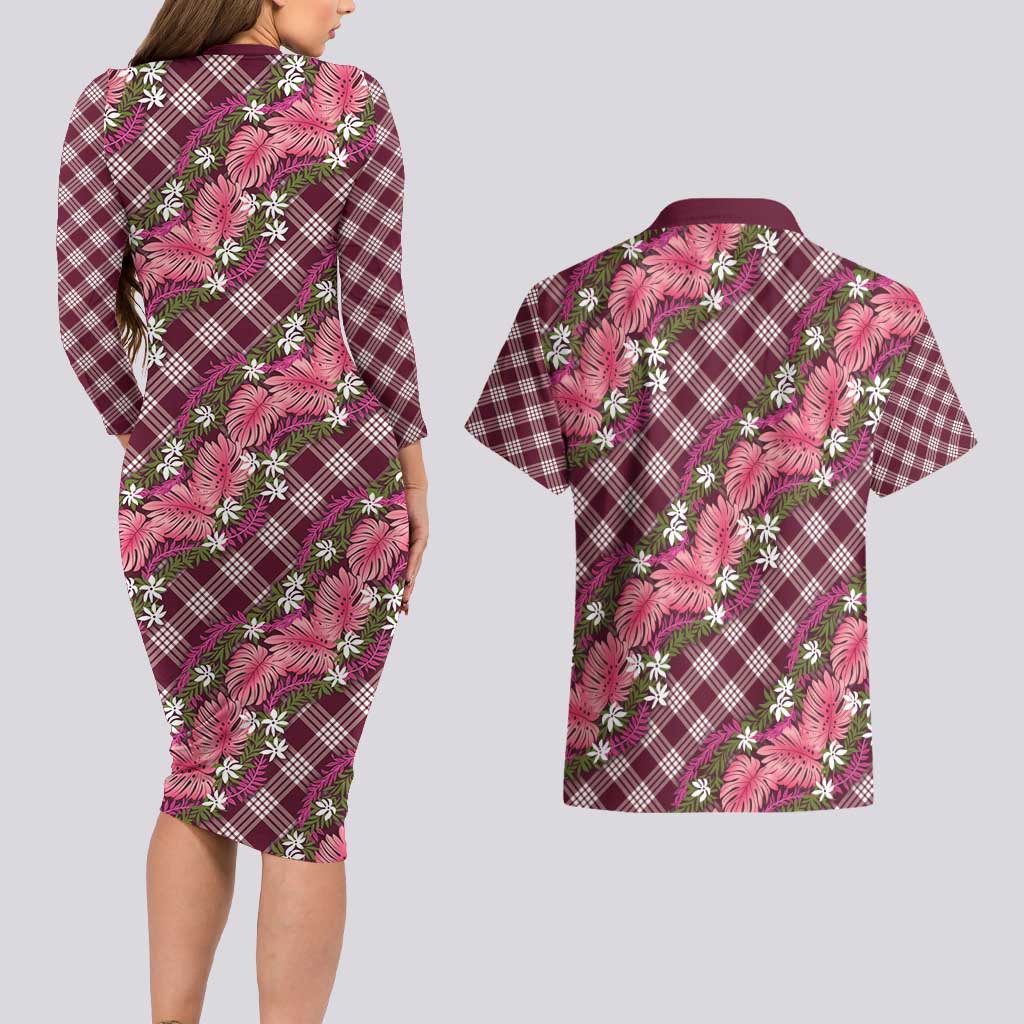 Polynesian Monstera Tiare Floral Couples Matching Long Sleeve Bodycon Dress and Hawaiian Shirt Fuchsia Tropical Plaid LT01 - Polynesian Pride