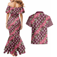 Polynesian Monstera Tiare Floral Couples Matching Mermaid Dress and Hawaiian Shirt Fuchsia Tropical Plaid LT01 - Polynesian Pride