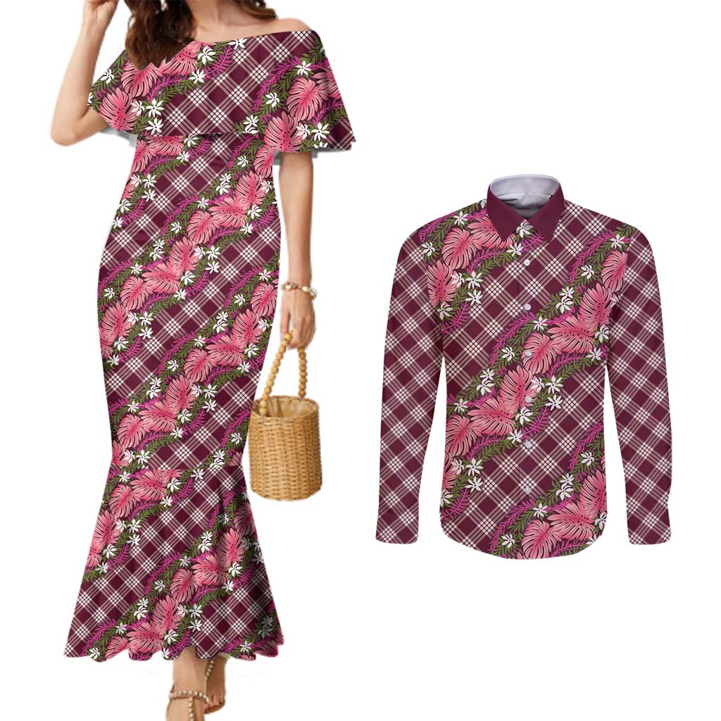 Polynesian Monstera Tiare Floral Couples Matching Mermaid Dress and Long Sleeve Button Shirt Fuchsia Tropical Plaid LT01 Pink - Polynesian Pride