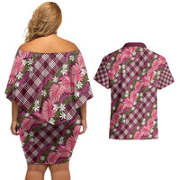Polynesian Monstera Tiare Floral Couples Matching Off Shoulder Short Dress and Hawaiian Shirt Fuchsia Tropical Plaid - Polynesian Pride