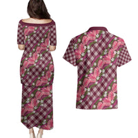 Polynesian Monstera Tiare Floral Couples Matching Puletasi and Hawaiian Shirt Fuchsia Tropical Plaid - Polynesian Pride