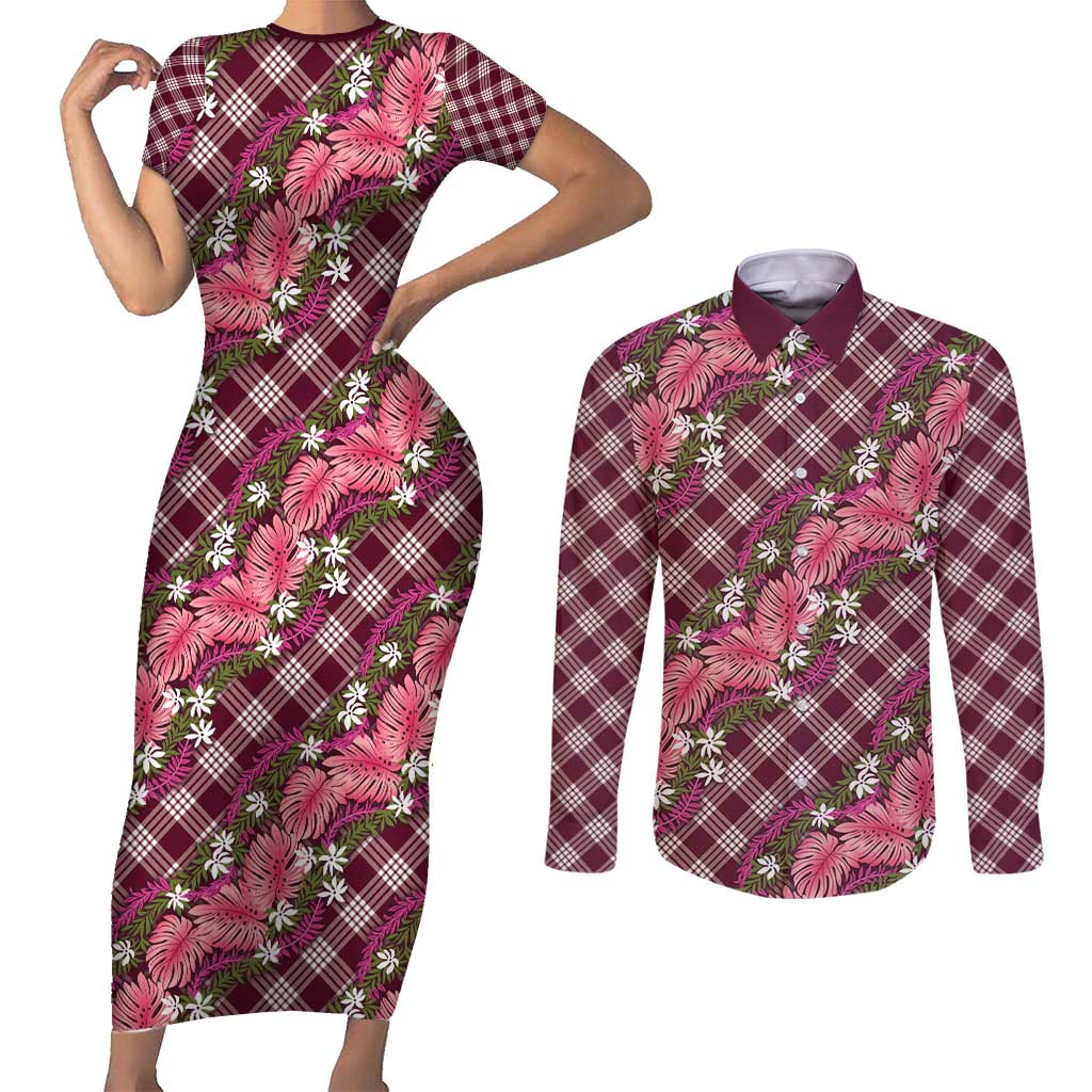 Polynesian Monstera Tiare Floral Couples Matching Short Sleeve Bodycon Dress and Long Sleeve Button Shirt Fuchsia Tropical Plaid LT01 Pink - Polynesian Pride
