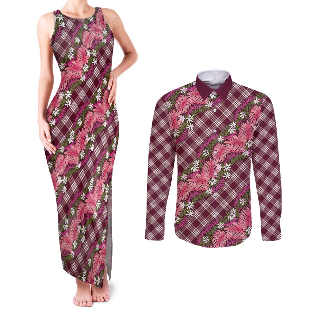 Polynesian Monstera Tiare Floral Couples Matching Tank Maxi Dress and Long Sleeve Button Shirt Fuchsia Tropical Plaid LT01 Pink - Polynesian Pride