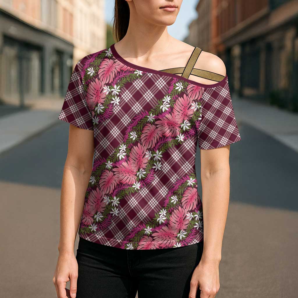 Polynesian Monstera Tiare Floral Cross Shoulder Shirt Fuchsia Tropical Plaid - Polynesian Pride