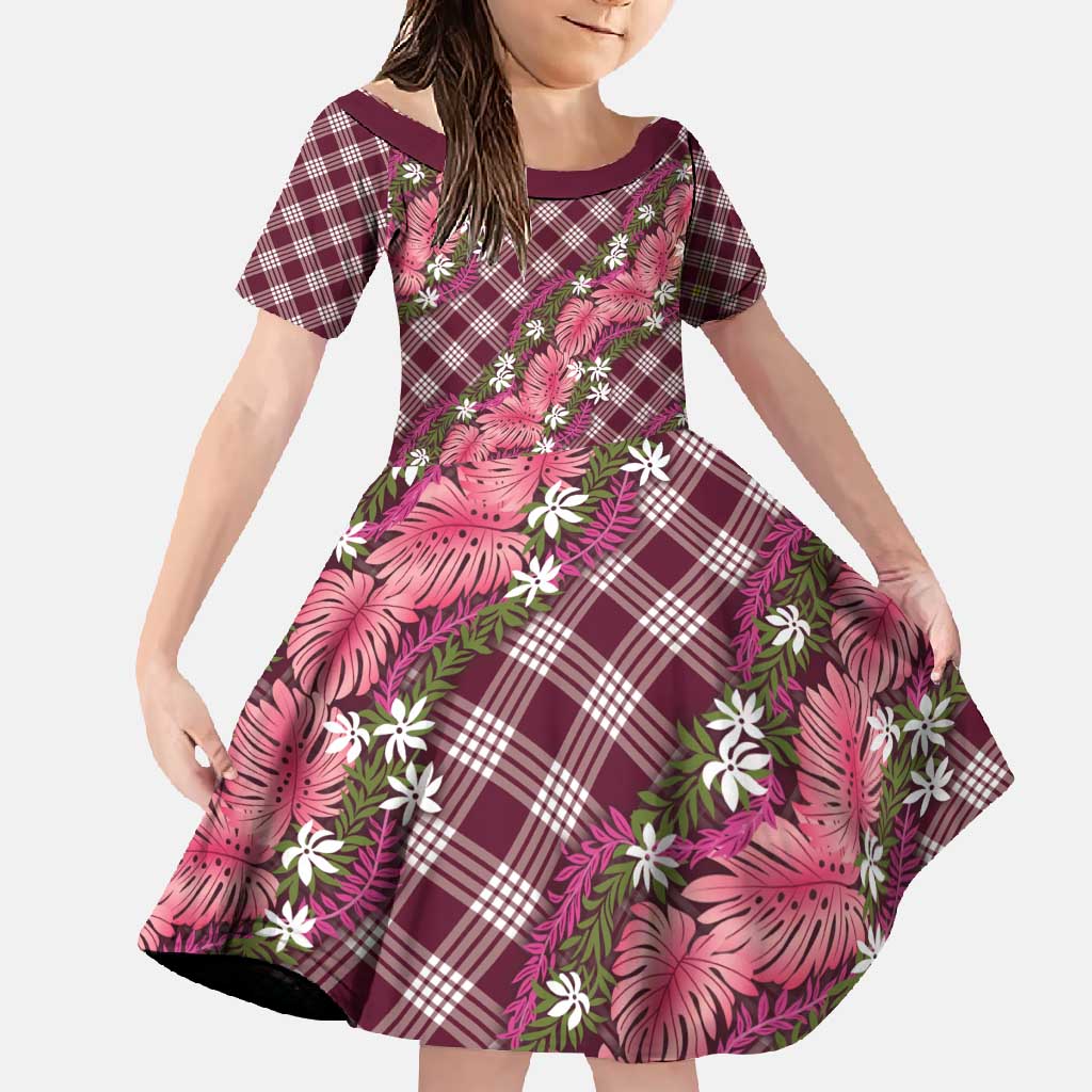 Polynesian Monstera Tiare Floral Family Matching Long Sleeve Bodycon Dress and Hawaiian Shirt Fuchsia Tropical Plaid LT01 Daughter's Dress Pink - Polynesian Pride