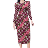 Polynesian Monstera Tiare Floral Family Matching Long Sleeve Bodycon Dress and Hawaiian Shirt Fuchsia Tropical Plaid LT01 Mom's Dress Pink - Polynesian Pride
