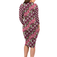 Polynesian Monstera Tiare Floral Family Matching Long Sleeve Bodycon Dress and Hawaiian Shirt Fuchsia Tropical Plaid LT01 - Polynesian Pride