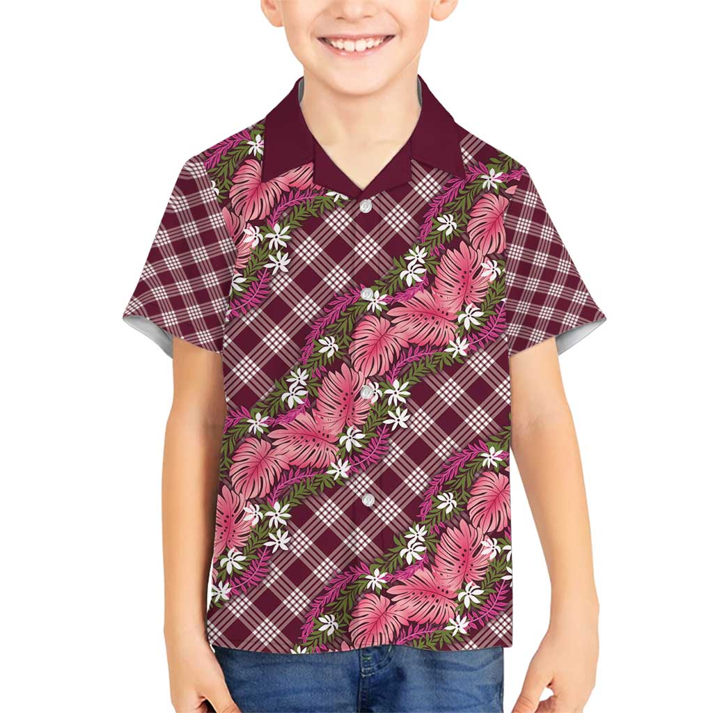 Polynesian Monstera Tiare Floral Family Matching Long Sleeve Bodycon Dress and Hawaiian Shirt Fuchsia Tropical Plaid LT01 Son's Shirt Pink - Polynesian Pride