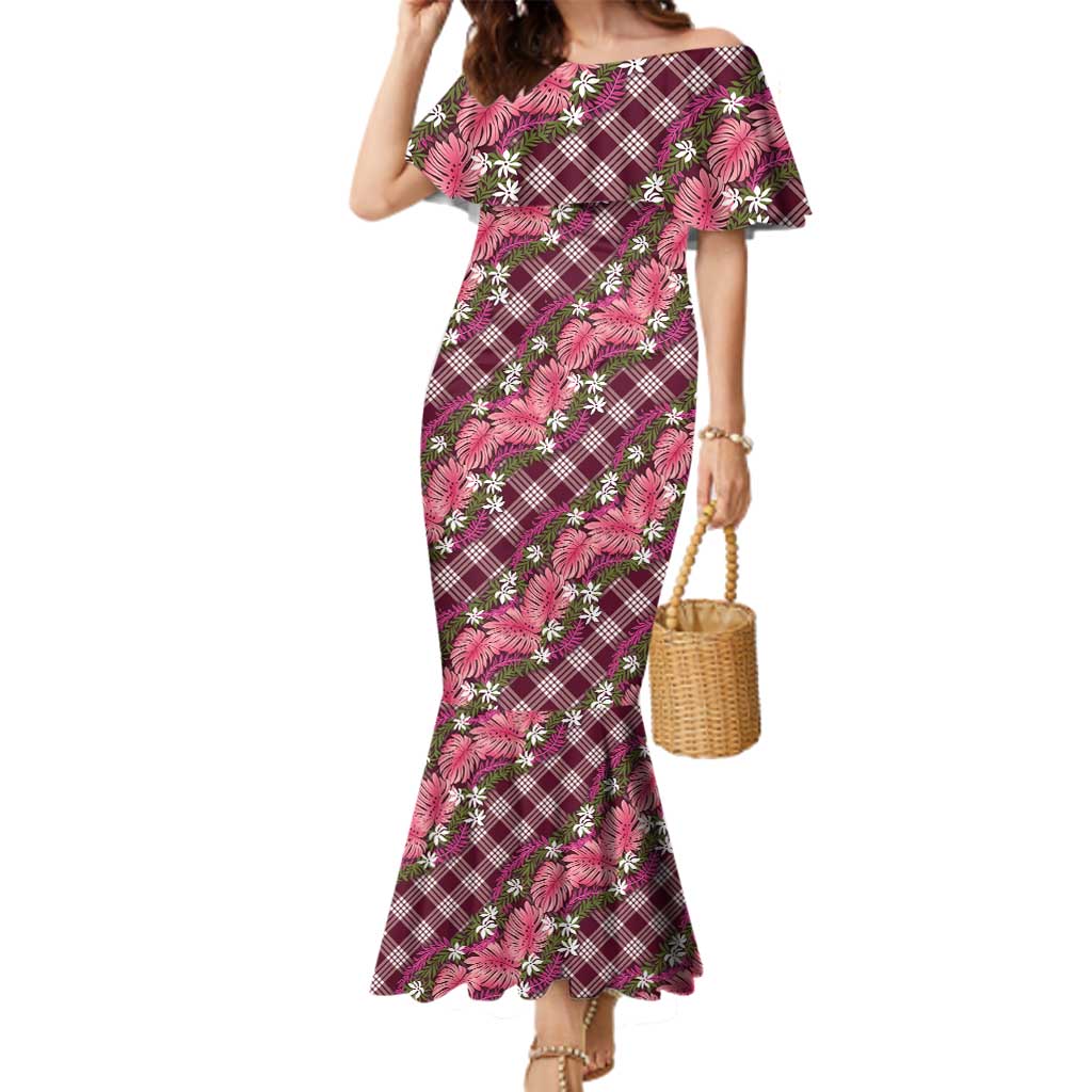 Polynesian Monstera Tiare Floral Family Matching Mermaid Dress and Hawaiian Shirt Fuchsia Tropical Plaid LT01 Mom's Dress Pink - Polynesian Pride