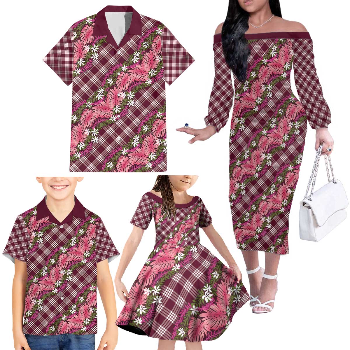 Polynesian Monstera Tiare Floral Family Matching Off The Shoulder Long Sleeve Dress and Hawaiian Shirt Fuchsia Tropical Plaid LT01 - Polynesian Pride