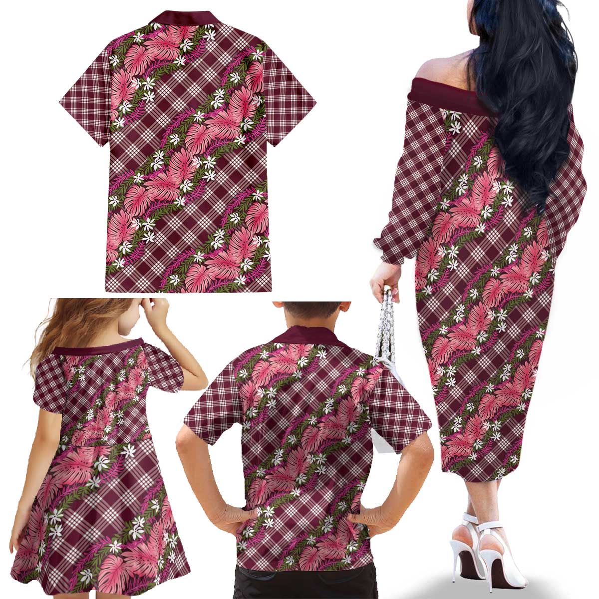 Polynesian Monstera Tiare Floral Family Matching Off The Shoulder Long Sleeve Dress and Hawaiian Shirt Fuchsia Tropical Plaid LT01 - Polynesian Pride