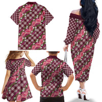Polynesian Monstera Tiare Floral Family Matching Off The Shoulder Long Sleeve Dress and Hawaiian Shirt Fuchsia Tropical Plaid LT01 - Polynesian Pride