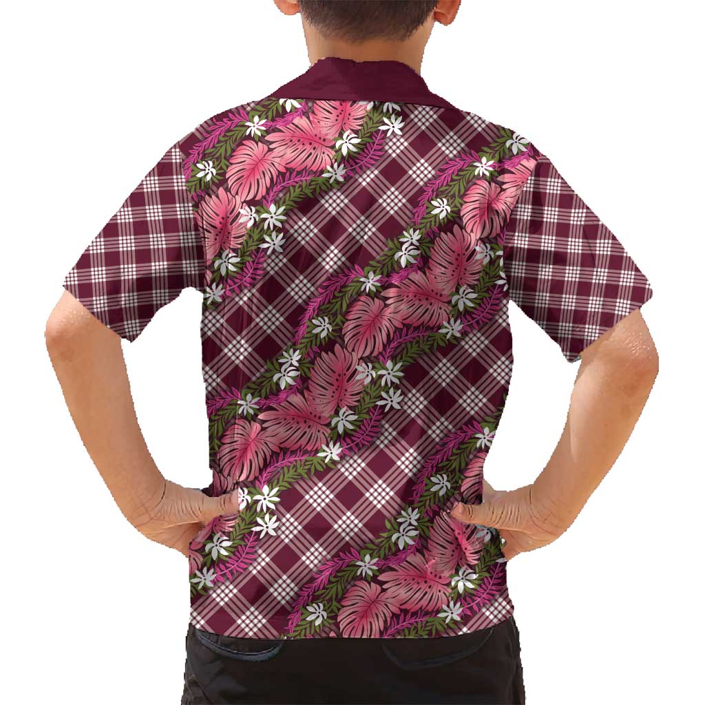 Polynesian Monstera Tiare Floral Family Matching Off Shoulder Maxi Dress and Hawaiian Shirt Fuchsia Tropical Plaid LT01 - Polynesian Pride