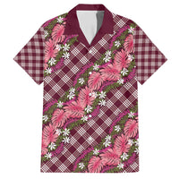 Polynesian Monstera Tiare Floral Family Matching Off Shoulder Maxi Dress and Hawaiian Shirt Fuchsia Tropical Plaid LT01 Dad's Shirt - Short Sleeve Pink - Polynesian Pride