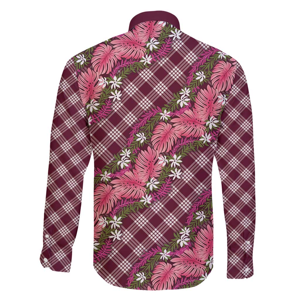 Polynesian Monstera Tiare Floral Family Matching Off Shoulder Maxi Dress and Hawaiian Shirt Fuchsia Tropical Plaid LT01 - Polynesian Pride