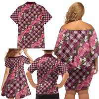 Polynesian Monstera Tiare Floral Family Matching Off Shoulder Short Dress and Hawaiian Shirt Fuchsia Tropical Plaid LT01 - Polynesian Pride