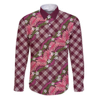 Polynesian Monstera Tiare Floral Family Matching Off Shoulder Short Dress and Hawaiian Shirt Fuchsia Tropical Plaid LT01 Dad's Shirt - Long Sleeve Pink - Polynesian Pride