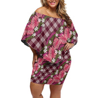 Polynesian Monstera Tiare Floral Family Matching Off Shoulder Short Dress and Hawaiian Shirt Fuchsia Tropical Plaid LT01 Mom's Dress Pink - Polynesian Pride
