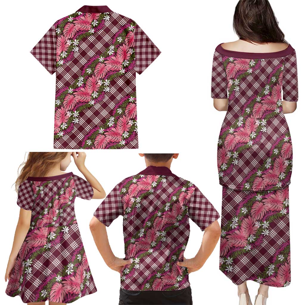 Polynesian Monstera Tiare Floral Family Matching Puletasi and Hawaiian Shirt Fuchsia Tropical Plaid LT01 - Polynesian Pride