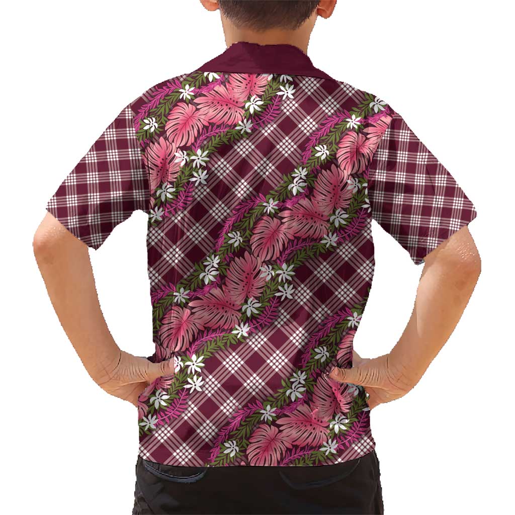 Polynesian Monstera Tiare Floral Family Matching Short Sleeve Bodycon Dress and Hawaiian Shirt Fuchsia Tropical Plaid LT01 - Polynesian Pride