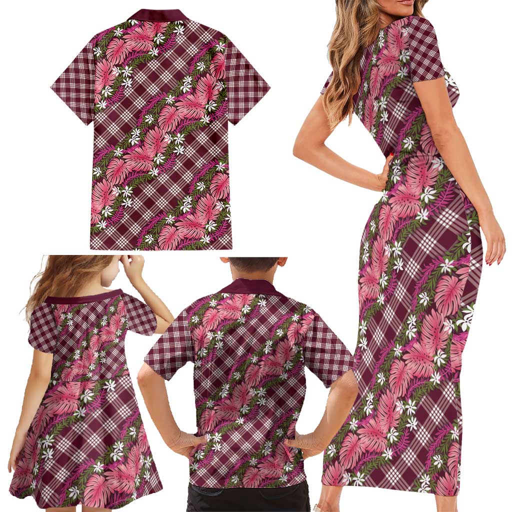 Polynesian Monstera Tiare Floral Family Matching Short Sleeve Bodycon Dress and Hawaiian Shirt Fuchsia Tropical Plaid LT01 - Polynesian Pride