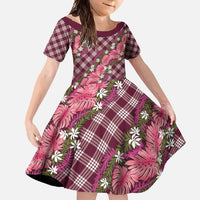 Polynesian Monstera Tiare Floral Family Matching Summer Maxi Dress and Hawaiian Shirt Fuchsia Tropical Plaid LT01 Daughter's Dress Pink - Polynesian Pride