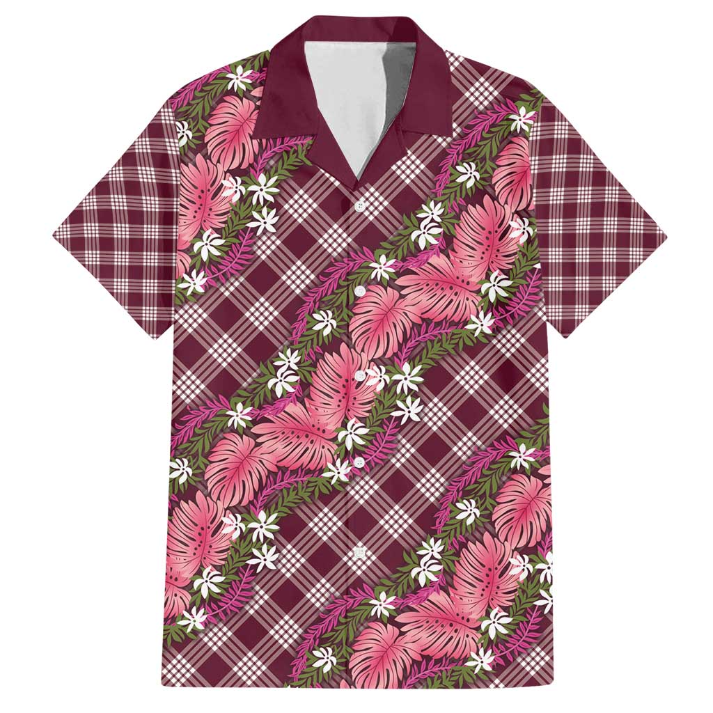 Polynesian Monstera Tiare Floral Family Matching Summer Maxi Dress and Hawaiian Shirt Fuchsia Tropical Plaid LT01 Dad's Shirt - Short Sleeve Pink - Polynesian Pride