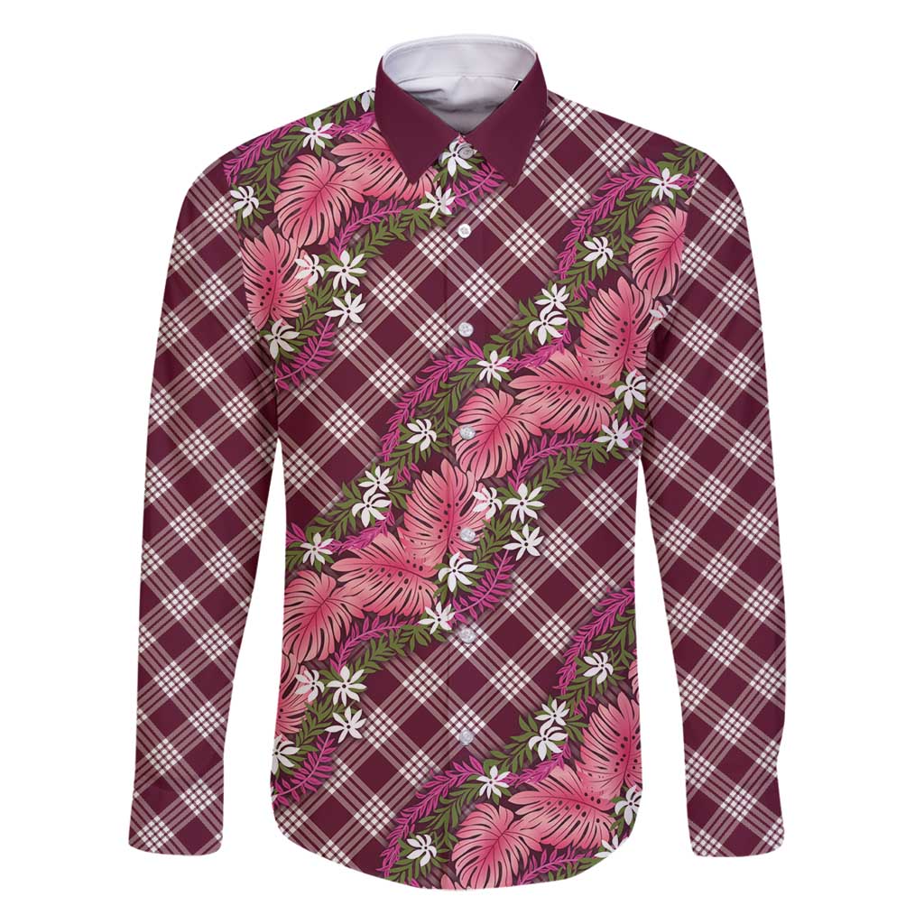 Polynesian Monstera Tiare Floral Family Matching Summer Maxi Dress and Hawaiian Shirt Fuchsia Tropical Plaid LT01 Dad's Shirt - Long Sleeve Pink - Polynesian Pride